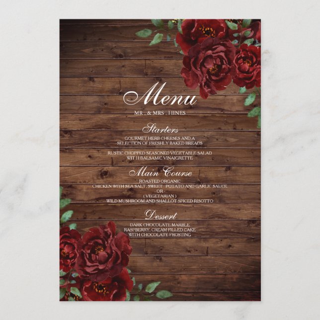 Menu de Casamento de Madeira Rústica com Rosa verm (Frente)