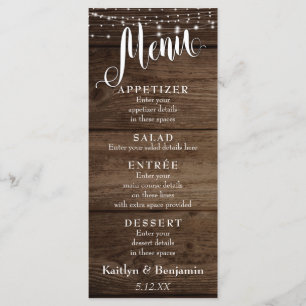 Menu de Casamento de Madeira Rústica, Luzes Branca