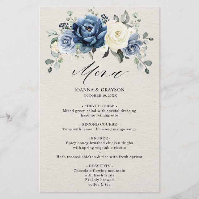 Menu de Casamento de Marfim do Marinho Azul Dusty (Frente)