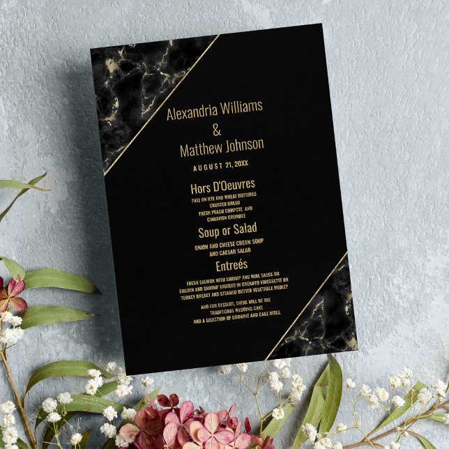 Menu de Casamento de Mármore elegante ouro preto m (Modern black gold elegant marble Wedding Menu )