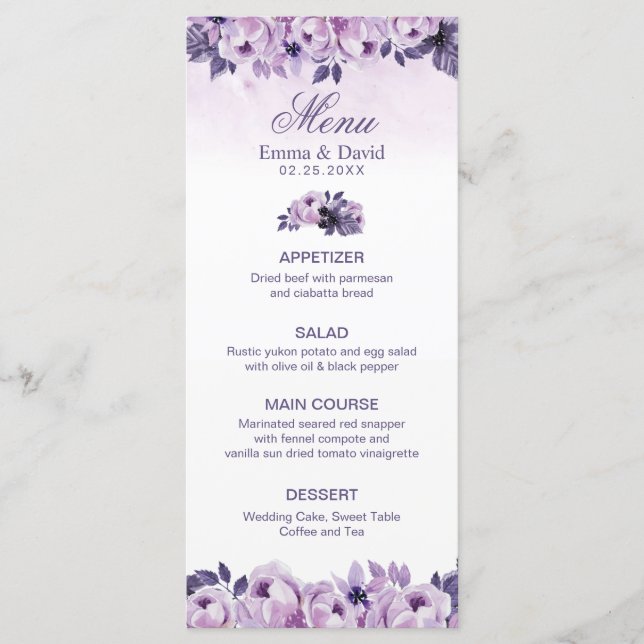 Menu de Casamento de Mola Floral Purple com Aquare (Frente)