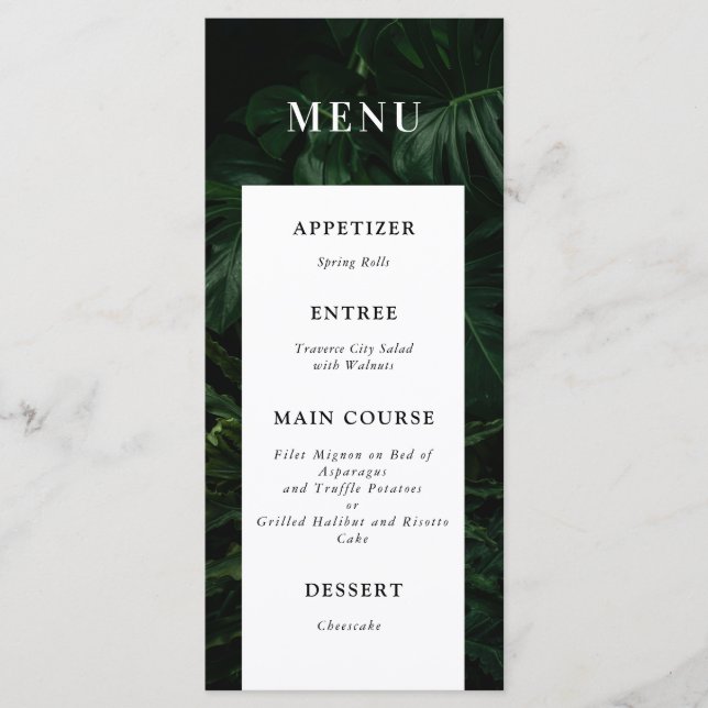 Menu de Casamento de Monstera Tropical Branca Negr (Frente)