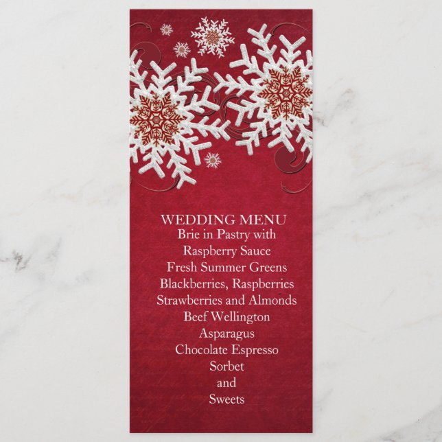 Menu de Casamento de Neves Vermelha Flocos de Neve (Frente)