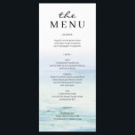Menu de Casamento de Ondas de Praia Mínimas<br><div class="desc">Adicione este menu correspondente à decoração do casamento. Esta incrível coleção mínima de design de casamentos de praia em aquarela apresenta um fundo oceânico sereno e pintado à mão que captura perfeitamente a beleza tranquila do mar. Com ondas suaves e correntes em tons delicados de azul e lacre, e fontes...</div>