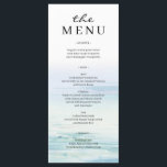 Menu de Casamento de Ondas de Praia Mínimas<br><div class="desc">Adicione este menu correspondente à decoração do casamento. Esta incrível coleção mínima de design de casamentos de praia em aquarela apresenta um fundo oceânico sereno e pintado à mão que captura perfeitamente a beleza tranquila do mar. Com ondas suaves e correntes em tons delicados de azul e lacre, e fontes...</div>