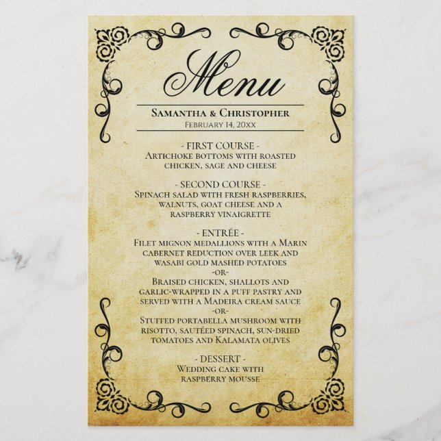 Menu de Casamento de Orçamento de Pergaminho e Rol (Frente)