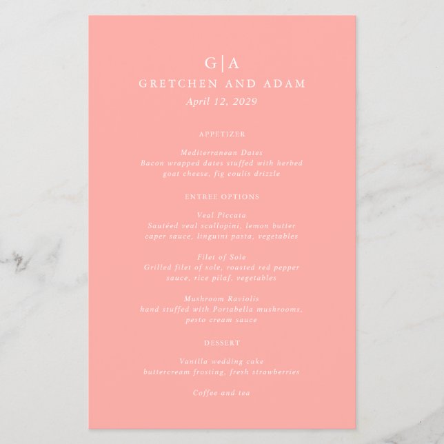 Menu de Casamento de Orçamento Moderno Rosa Coral  (Frente)