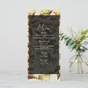 Menu de Casamento de Outono Bege e Preto com Folha