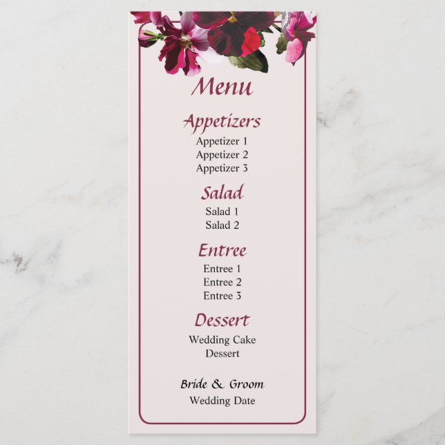 Menu de Casamento de Panteras Rosa e Magenta (Frente)