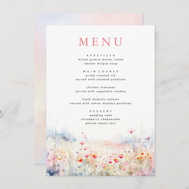 Menu de Casamento de Pastel Selvagens Moles (Frente/Verso)