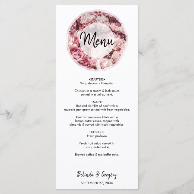Menu de Casamento de Peões Rosa Elegante (Frente)