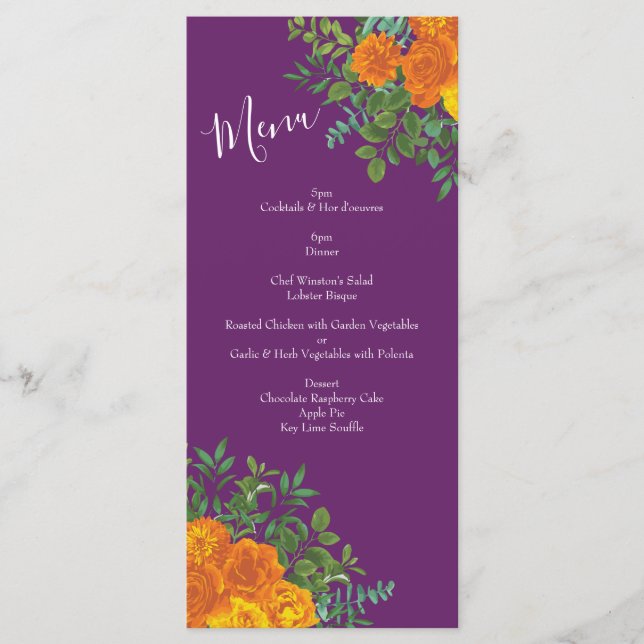 Menu de Casamento de Peony e Rosa de Plum Laranja  (Frente)
