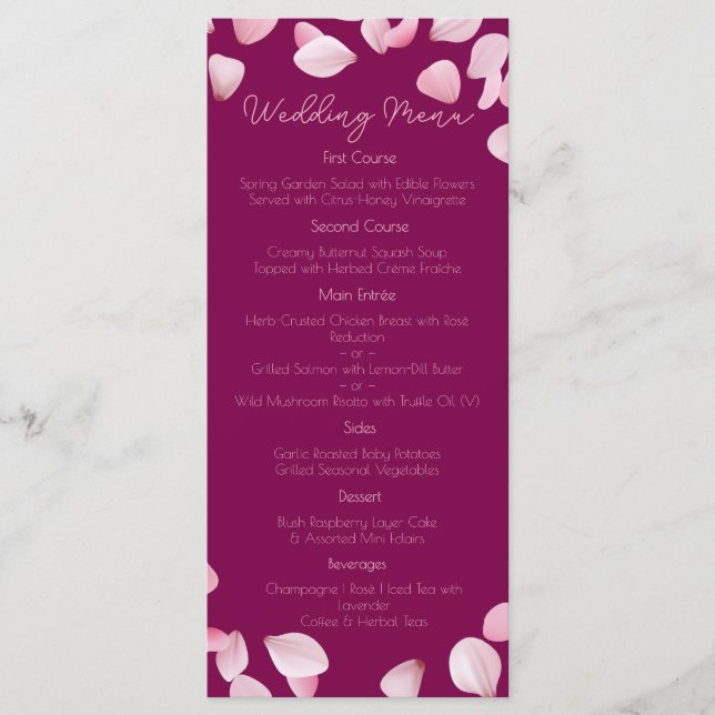 Menu de Casamento de Petais Rosa Romântica (Frente)