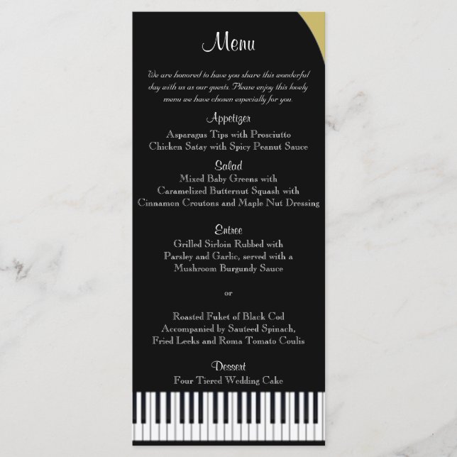 Menu de Casamento de Piano Preto e Dourado (Frente)