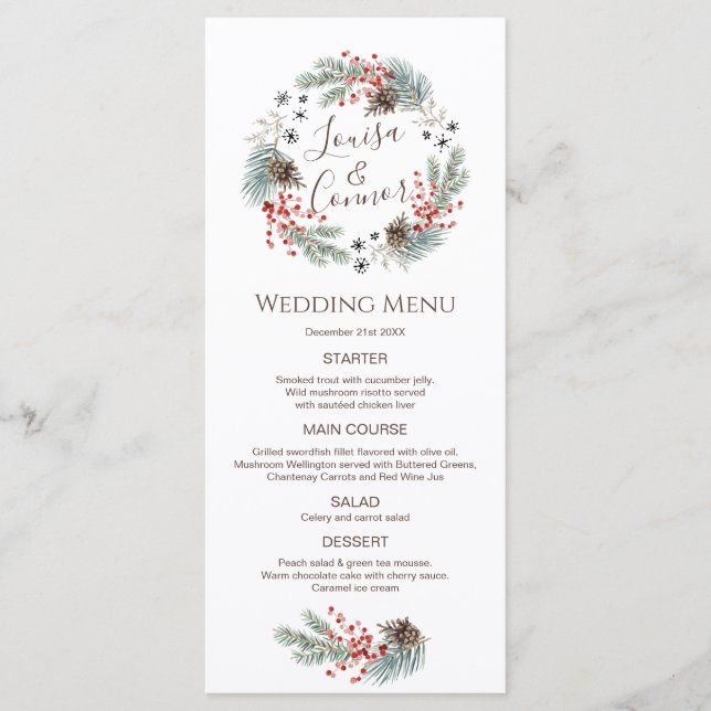 Menu de Casamento de Pine Berry Snowflake, Fios de (Frente)