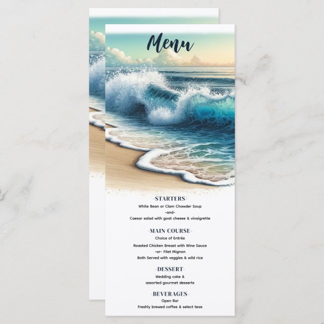 Menu de Casamento de Praia Costeira das Ondas do O (Frente/Verso)