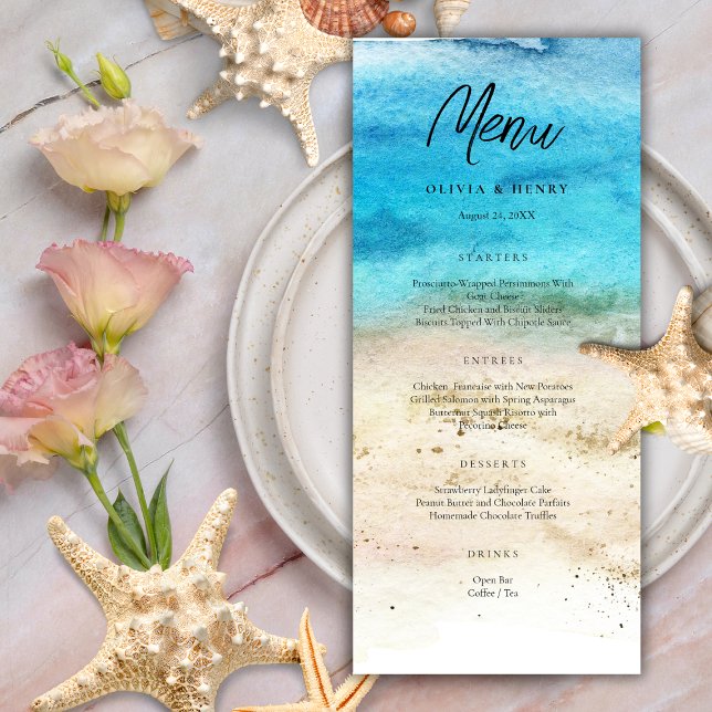 Menu de Casamento de Praia da Aquarela Azul (Criador carregado)