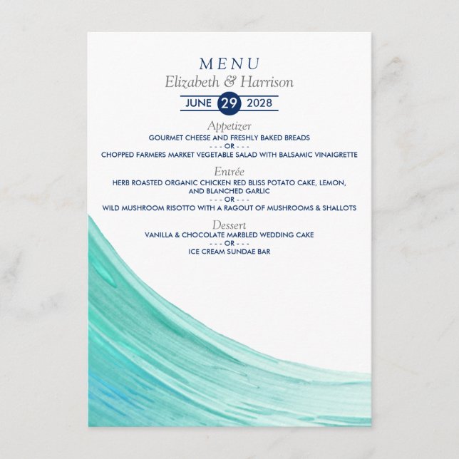 Menu de Casamento de Praia de Turquoise Elegante (Frente)