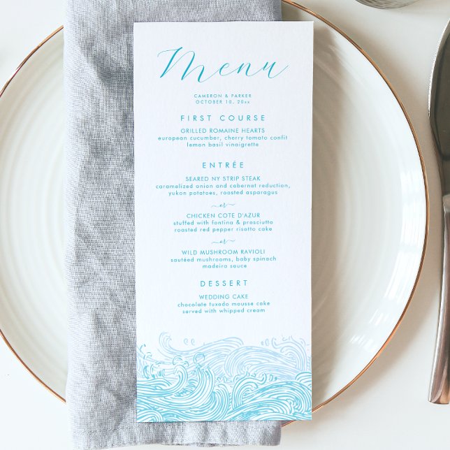 Menu de Casamento de Praia do Aqua Blue Ocean Wave (Ocean Waves Beach Wedding Menu in Aqua Blue for a Coastal Celebration from Concertina Press)