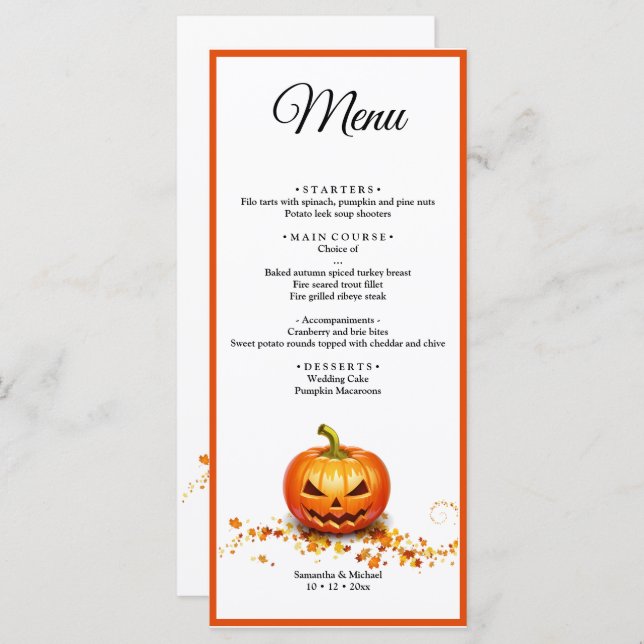 Menu de Casamento de Pumpkin de Casamento de Hallo (Frente/Verso)