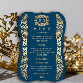 Menu de Casamento de Quadro Azul e Dourado Elegant