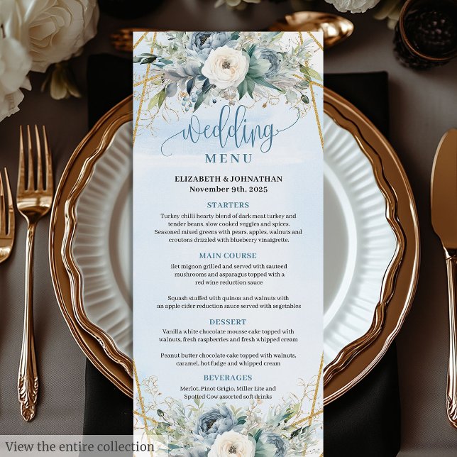 Menu de Casamento de Quadro de Mola Azul-Dusta Bot (Botanical Dusty Blue Greenery Frame Wedding Menu)