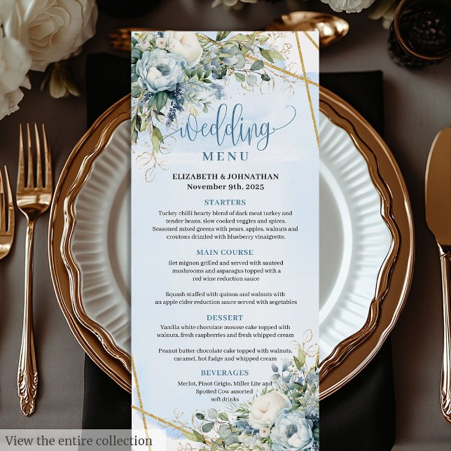 Menu de Casamento de Quadro Dourado com Moldura Az (Modern Dusty Blue Greenery Gold Frame Wedding Menu)
