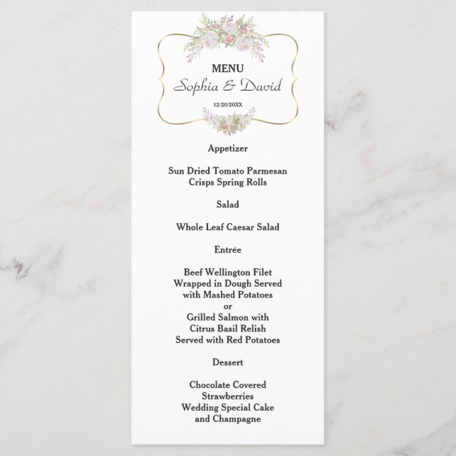 Menu de Casamento de Quadro Dourado das Flores Bra (Frente)