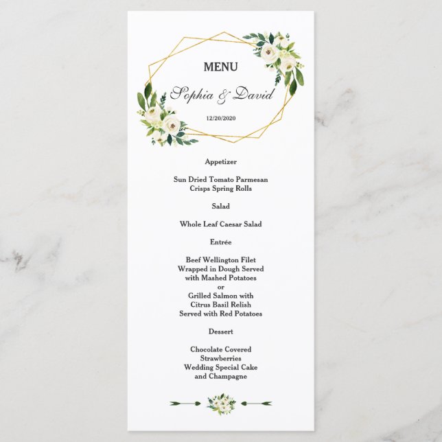 Menu de Casamento de Quadro Dourado Floral Verde V (Frente)