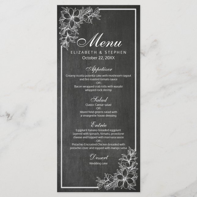 Menu de Casamento de Quadro Floral de Quadro Preto (Frente)