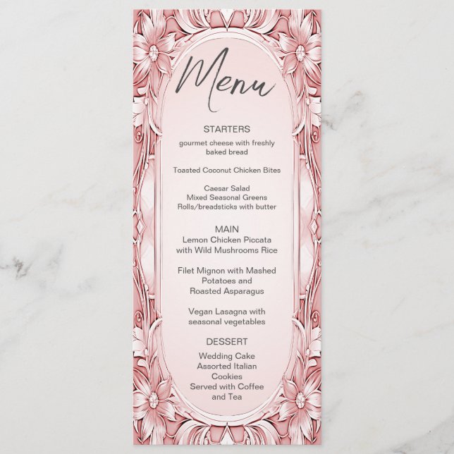 Menu de Casamento de Quadro Floral Rosa (Frente)