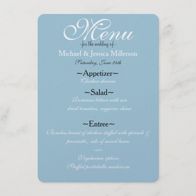 Menu de Casamento de Quatrefoil Azul e Branco (Frente)
