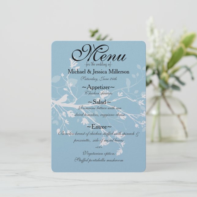 Menu de Casamento de Ramificações de Aves Azul Bra (Em pé/Frente)
