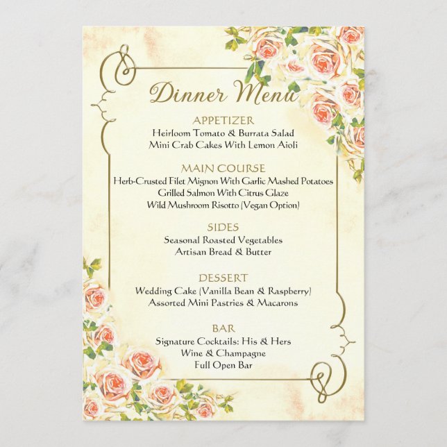 Menu de Casamento de Rosa Antiguidade 5 x 7 (Frente)