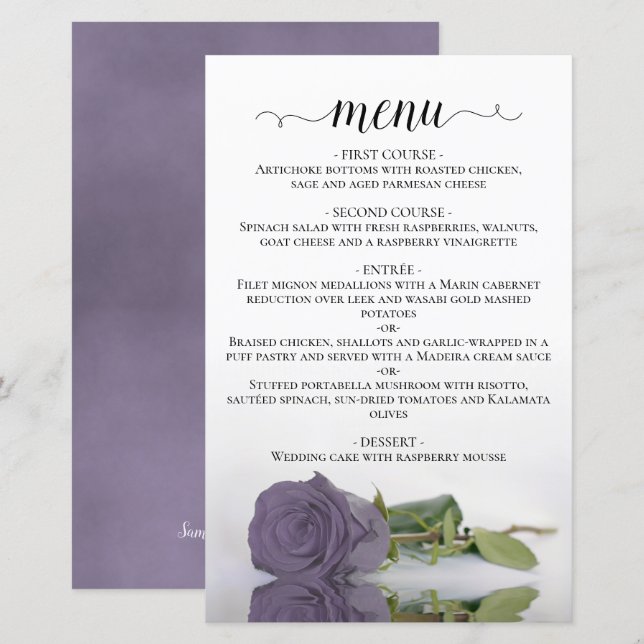 Menu de Casamento de Rosa de Orçamento Roxo Elegan (Frente/Verso)