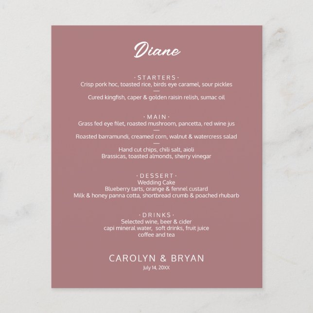 Menu de Casamento de Rosa do Deserto Elegante Simp (Frente)