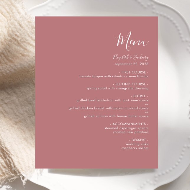 Menu de Casamento de Rosa Dusty de Script Moderno  (Criador carregado)