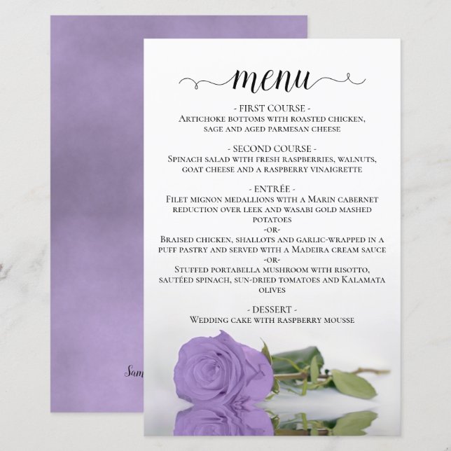 Menu de Casamento de Rosa Roxo Lavanda de de  Eleg (Frente/Verso)
