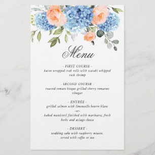 Menu de Casamento de Rosas Blush Azuis Hydrangea P