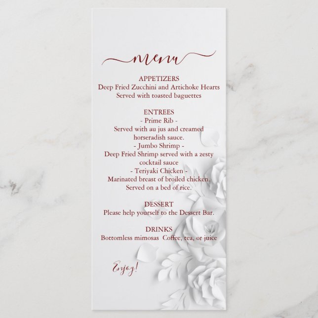 Menu de Casamento de Rosas Florais Duplos (Frente)