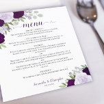 Menu de Casamento de Rosas Roxo com Ameixas e Dust<br><div class="desc">Esses lindos menus de casamento são simples, elegantes e na moda, enquanto ainda são amigáveis e baratos. Eles apresentam um design de música 'bico' rústico com um título de caligrafia de script, e rosas de aquarela pintados manualmente em tons de púrpura poeirenta e ameixa. A parte de trás apresenta um...</div>