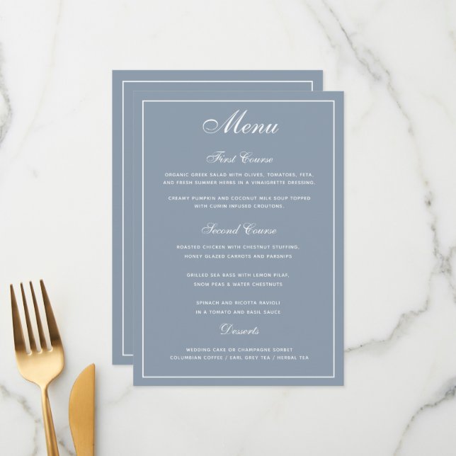 Menu de Casamento de Script Branco Azul Elegante D (Frente/Verso In Situ)