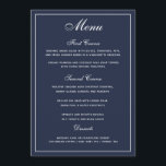 Menu de Casamento de Script Branco Azul-Marinho El<br><div class="desc">Uma maneira elegante de mostrar aos seus convidados as opções do menu. Texto branco sobre fundo azul marinho. . Uma fonte elegante de casamento de script foi combinada com um estilo moderno, com uma fonte de todos os bonés criando um cardápio de casamento na moda, mas amigável. Foi alocado um...</div>