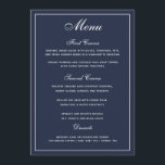 Menu de Casamento de Script Branco Azul-Marinho El<br><div class="desc">Uma maneira elegante de mostrar aos seus convidados as opções do menu. Texto branco sobre fundo azul marinho. . Uma fonte elegante de casamento de script foi combinada com um estilo moderno, com uma fonte de todos os bonés criando um cardápio de casamento na moda, mas amigável. Foi alocado um...</div>