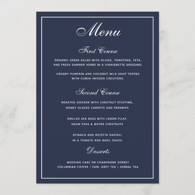 Menu de Casamento de Script Branco Azul-Marinho El (Frente)