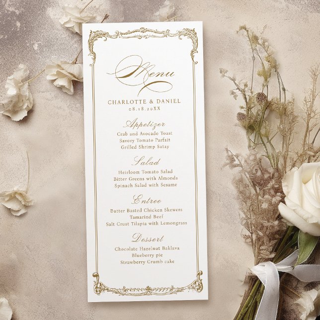 Menu de Casamento de Script Clássico de Quadro de  (Gold Vintage Frame Classic Script Wedding Menu)