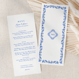 Menu de Casamento de Script de Chinoiserie Azul El