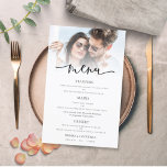 Menu de Casamento de Script de Sobreposição de Fot<br><div class="desc">Menu de Casamento de Script de Sobreposição de Foto Orçamentária. Um tamanho maior de 5, 5" x 8, 5" a um preço orçamentário, em um STOCK CARD SEMI GLOSS de 110 lb, excelente de convites, aproximadamente na mesma espessura de um cartão postal, ou um estoque LINEN elegante de 110 lb...</div>