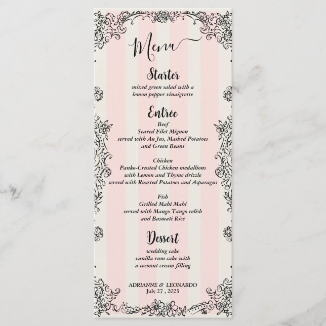 Menu de Casamento de Script de Stripes Rosa Orname (Frente)