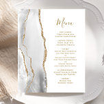 Menu de Casamento de Script Dourado de Agate de Ci<br><div class="desc">A borda esquerda deste elegante cardápio moderno de casamento apresenta uma cinza e uma aquarela branca aparada com uma falsa brilha dourada. O texto personalizável combina um script de escrita manual branco e dourado e fontes em um fundo branco. O verso apresenta uma cinza correspondente e um design de agate...</div>